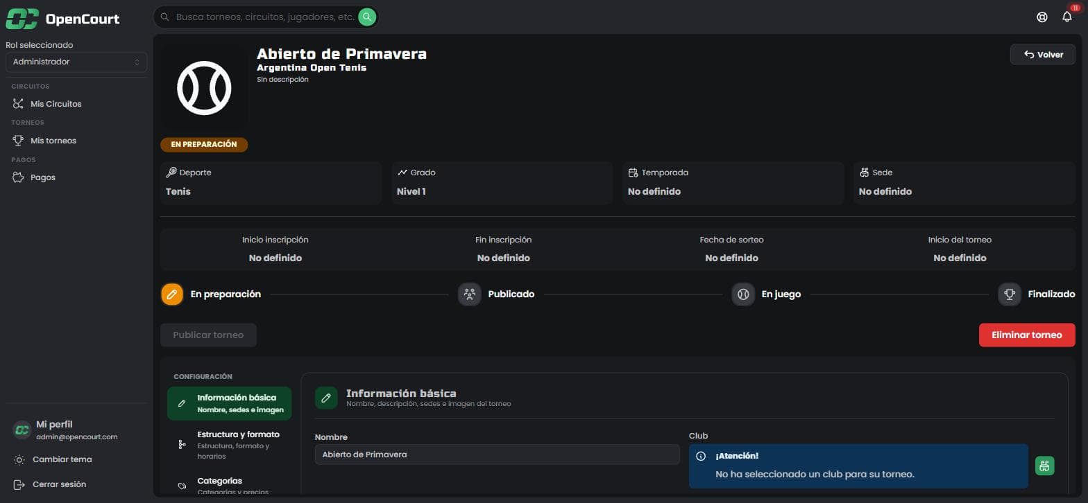 Pantalla del torneo con la ficha y el recorrido de estados
