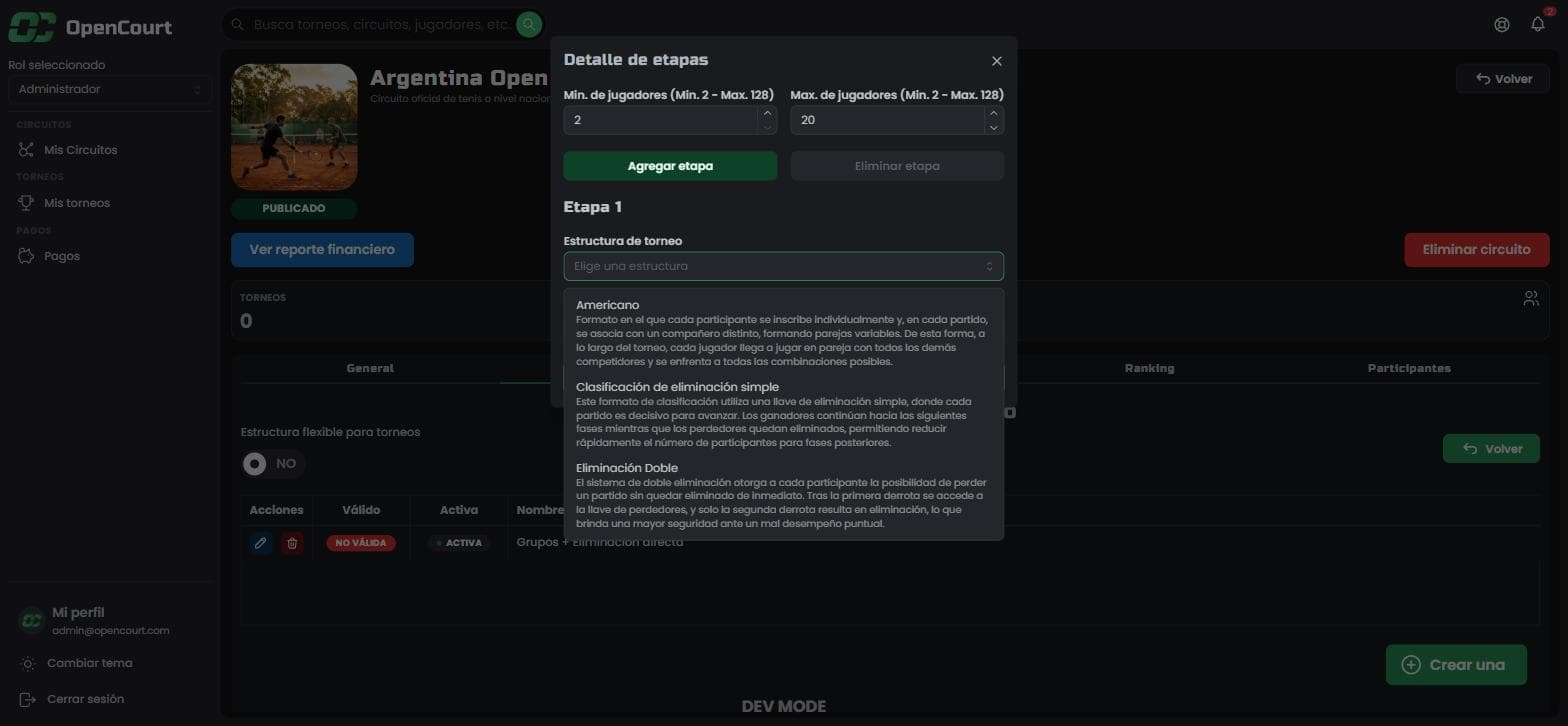 Desplegable Estructura de torneo abierto, con la descripción completa de cada formato