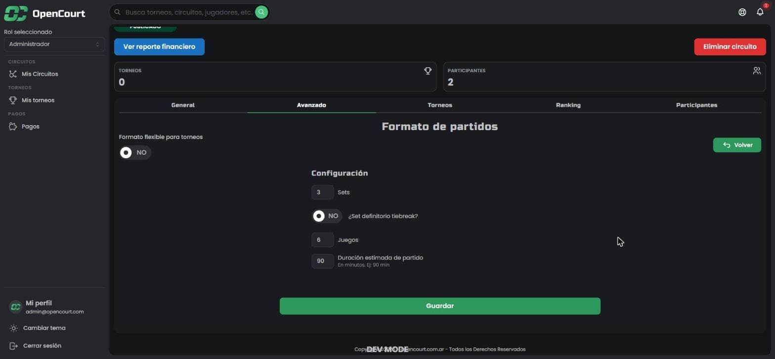Pantalla de Formatos de partido con la configuración de sets, tiebreak, juegos y duración