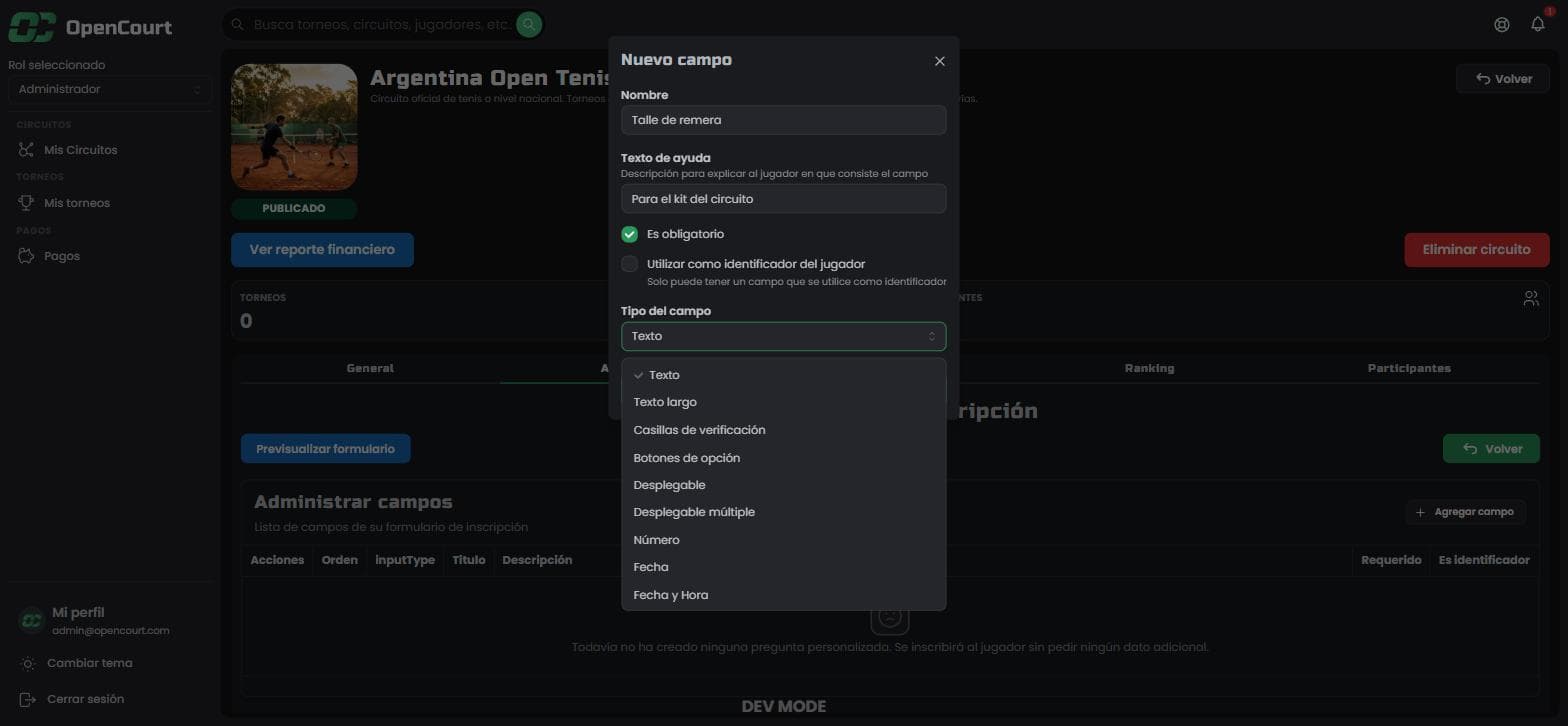 Modal Nuevo campo con el desplegable Tipo del campo abierto, mostrando los nueve tipos disponibles