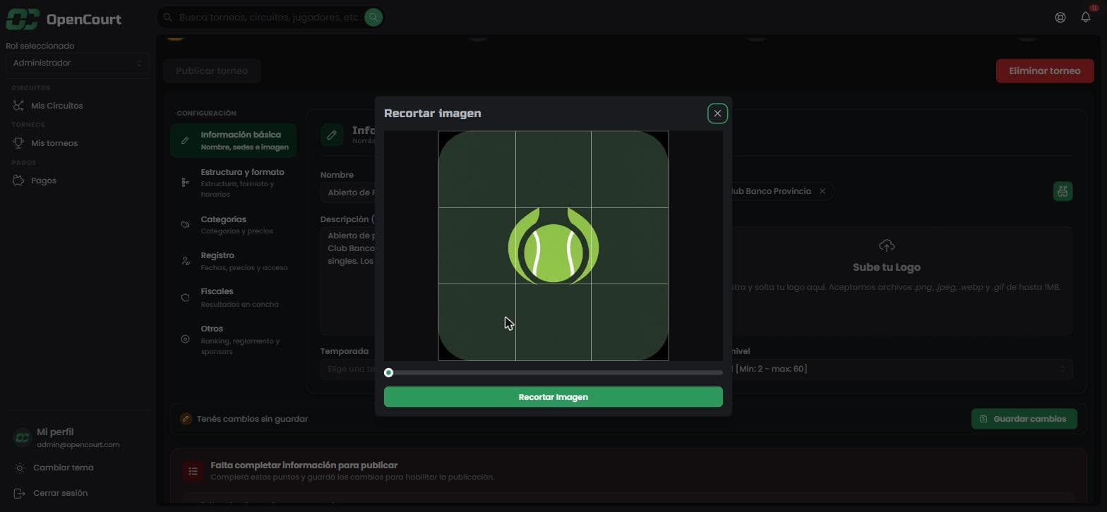 Ventana Recortar imagen con el logo del torneo y el deslizador de zoom