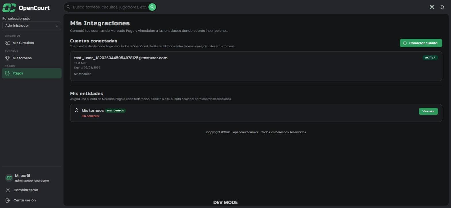La cuenta de Mercado Pago recién conectada, con su email, la fecha de expiración, el estado Activa y el texto Sin vincular